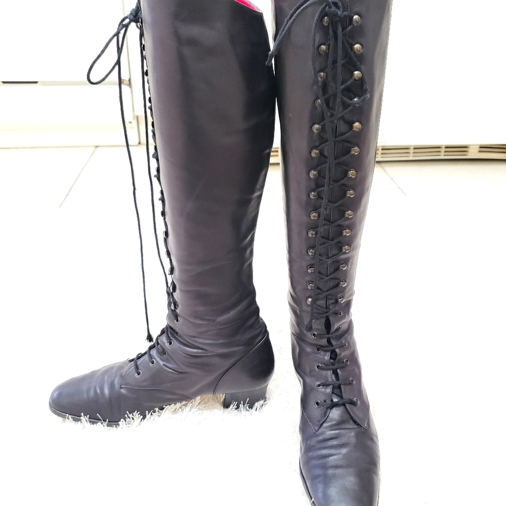 🌺CHARLES JOURDAN Leather Lace Up Knee High  Boots